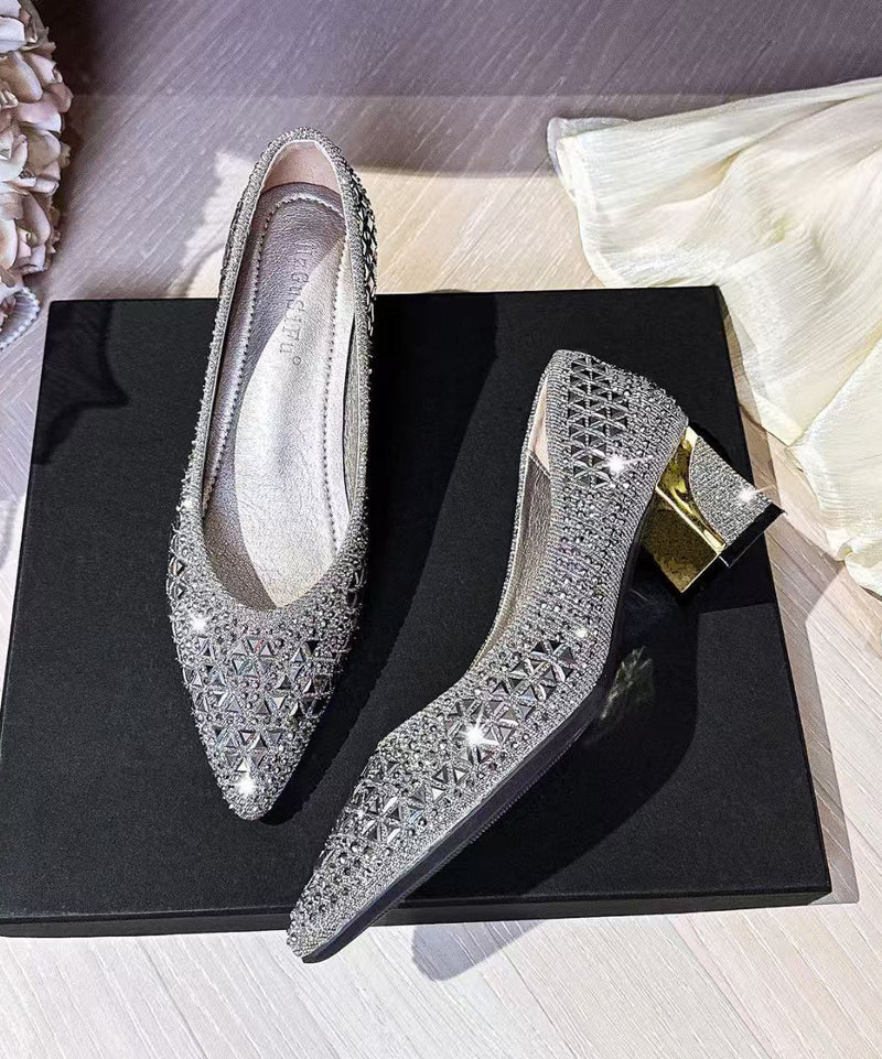 Hollow Out Chunky High Heels Silvery Faux Leather