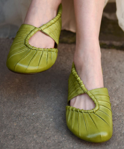 Hollow Out Splicing Chunky Flat Sandals Green Cowhide Leather