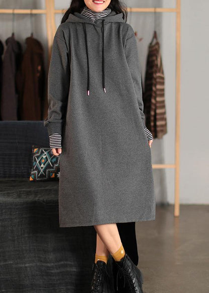 Hooded Pockets Spring Clothes for Fabrics Gray Dress