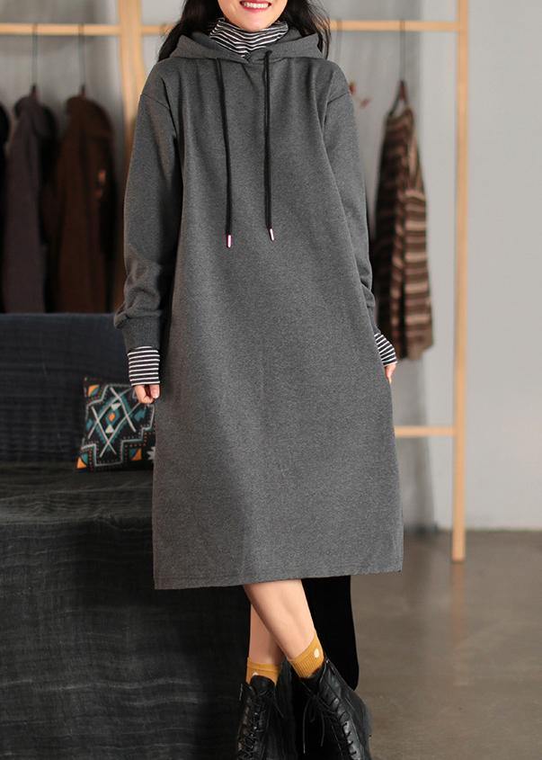 Hooded Pockets Spring Clothes for Fabrics Gray Dress