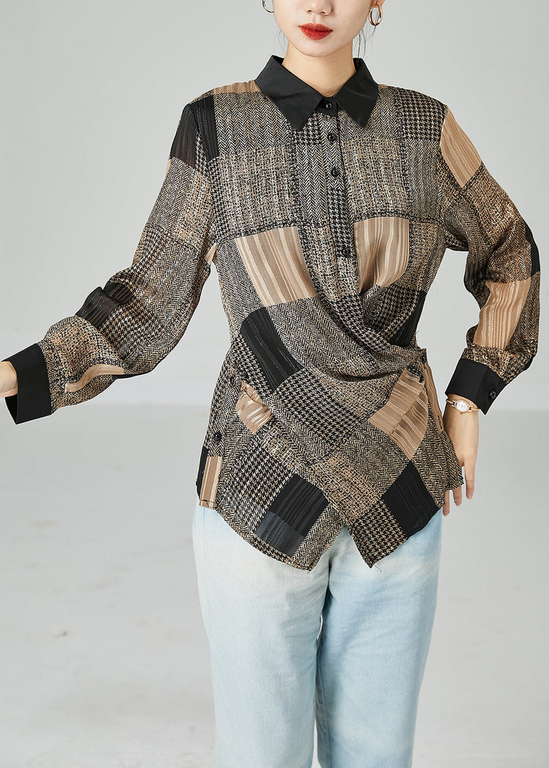 Khaki Asymmetrical Design Plaid Chiffon Shirts Spring