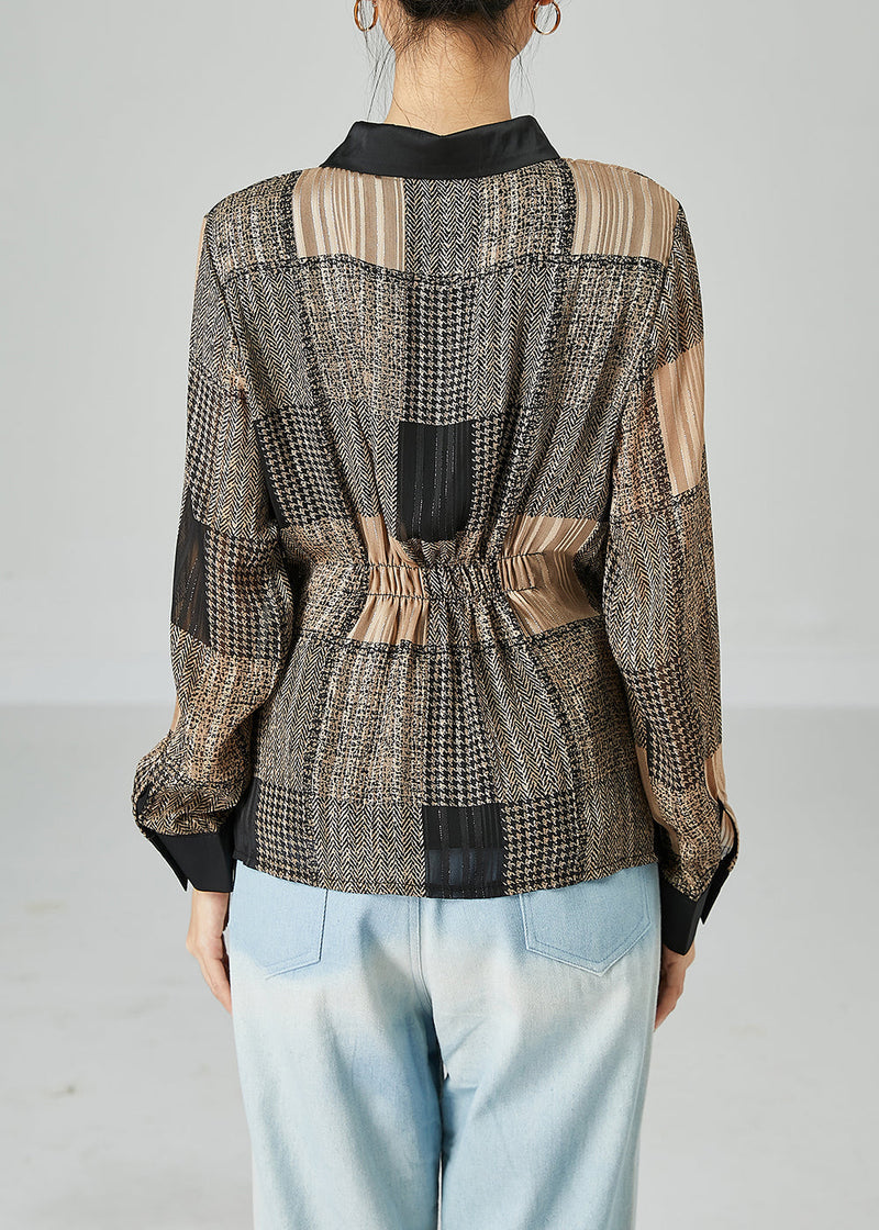 Khaki Asymmetrical Design Plaid Chiffon Shirts Spring