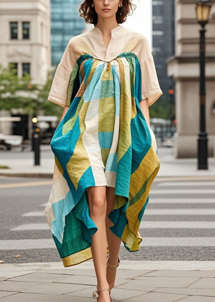 Khaki Asymmetrical Print Cotton Robe Dresses Summer