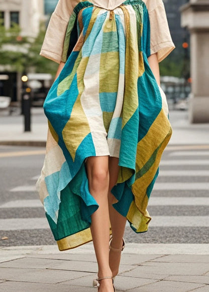 Khaki Asymmetrical Print Cotton Robe Dresses Summer