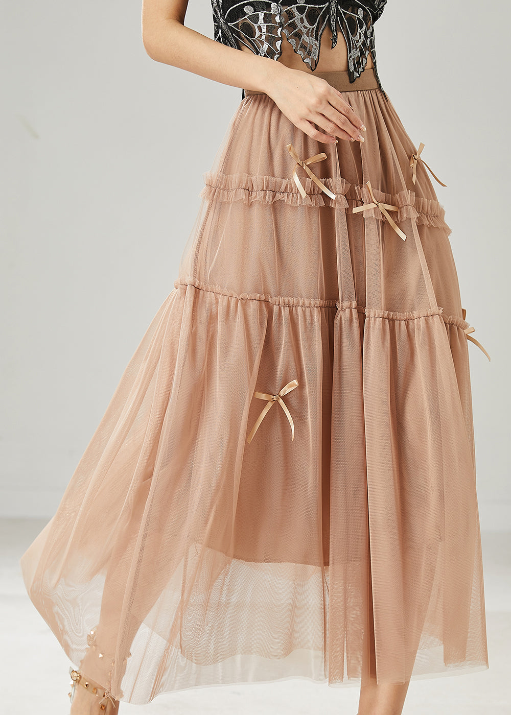 Khaki Bow Ruffled Tulle Skirts Summer
