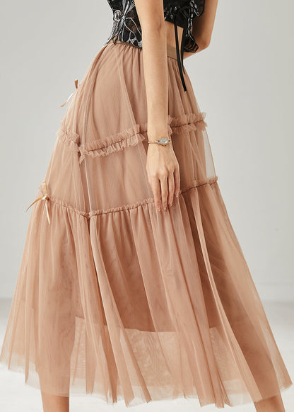 Khaki Bow Ruffled Tulle Skirts Summer
