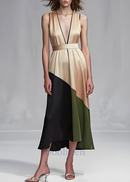 Khaki Cinched Patchwork Silk Robe Dresses Summer