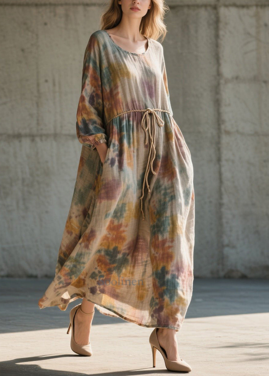 Khaki Cinched Tie Dye Cotton Long Dress Fall