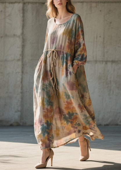 Khaki Cinched Tie Dye Cotton Long Dress Fall