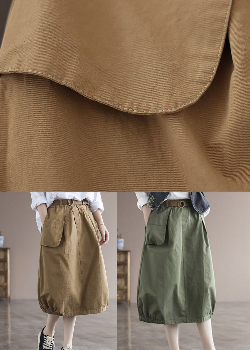 Khaki Elastic Waist Asymmetrical Pockets Cotton Skirts Summer