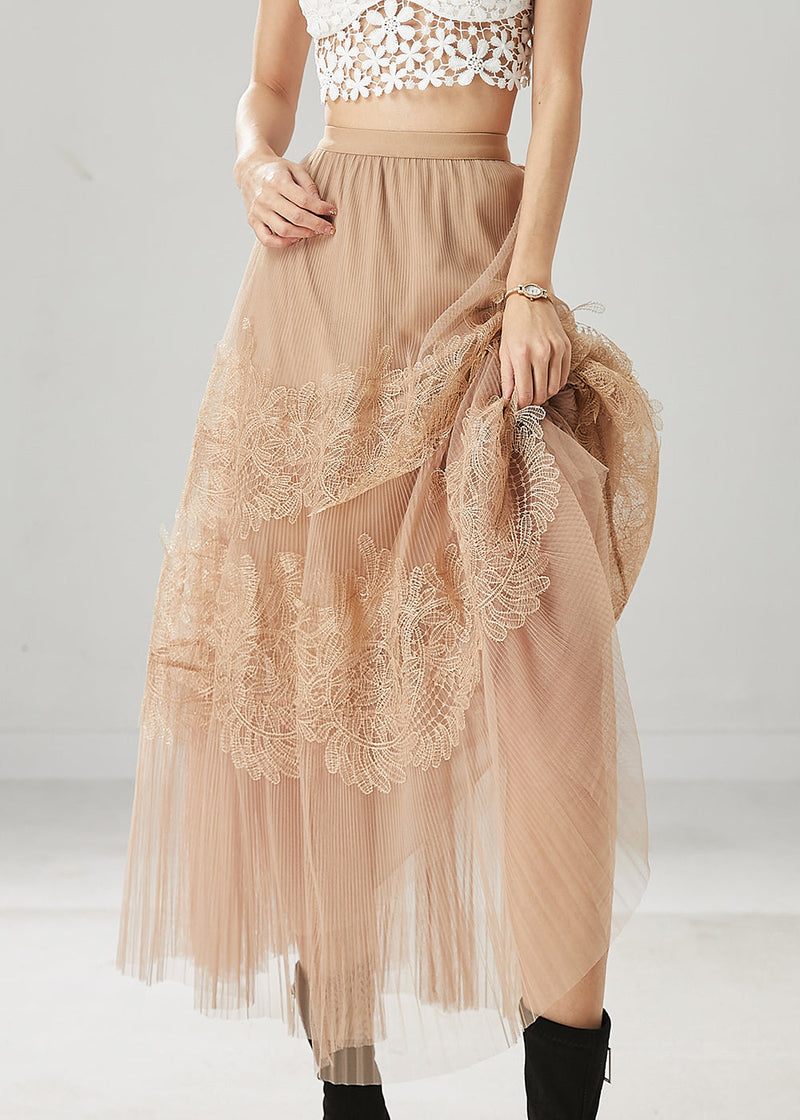 Khaki Embroidered Tulle Skirt Summer