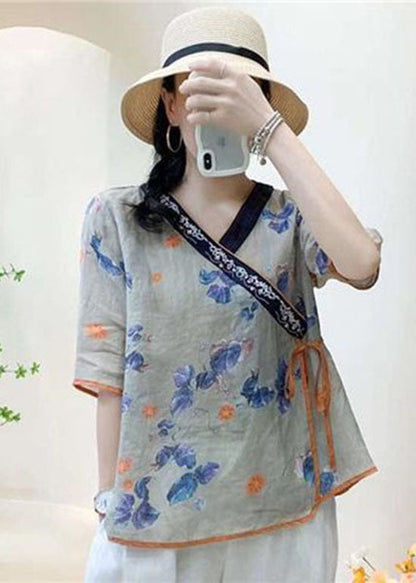Khaki Embroideried Lace Up Patchwork Linen Tops Summer