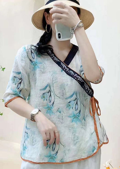 Khaki Embroideried Lace Up Patchwork Linen Tops Summer