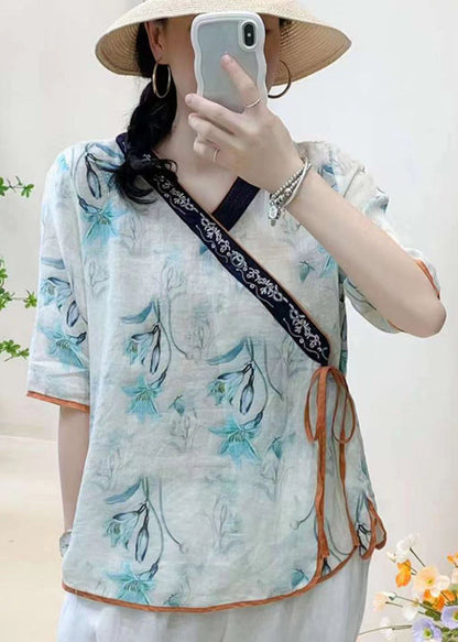 Khaki Embroideried Lace Up Patchwork Linen Tops Summer