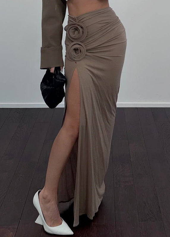 Khaki Side Open Wraped Skirts Spring