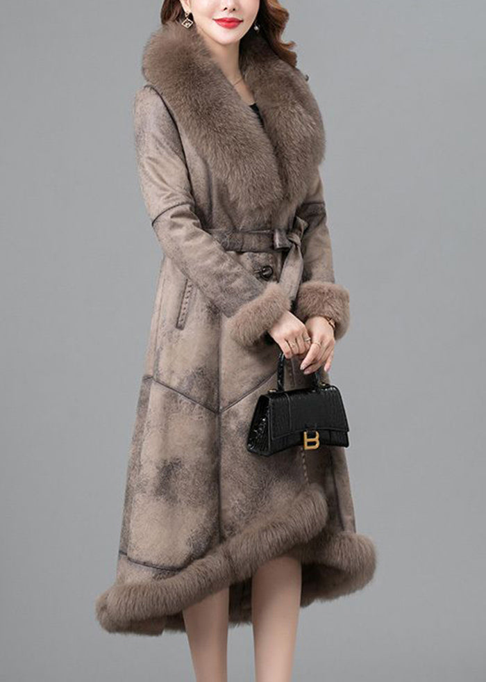 Khaki Fox Collar Tie Waist Fuzzy Rabbit Leather and Fur Coats Winter