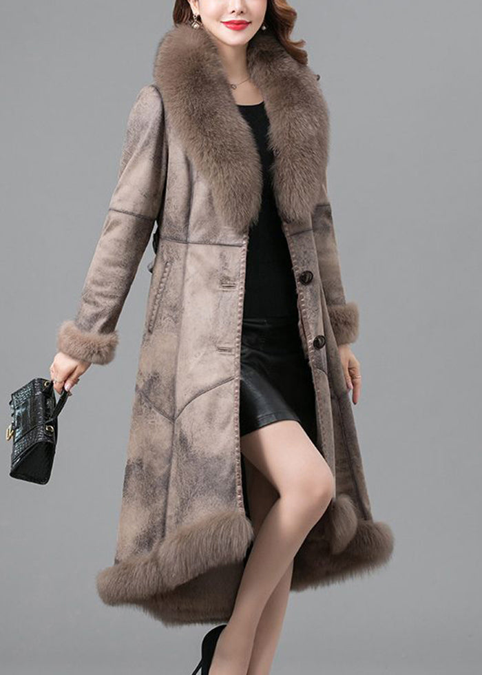 Khaki Fox Collar Tie Waist Fuzzy Rabbit Leather and Fur Coats Winter