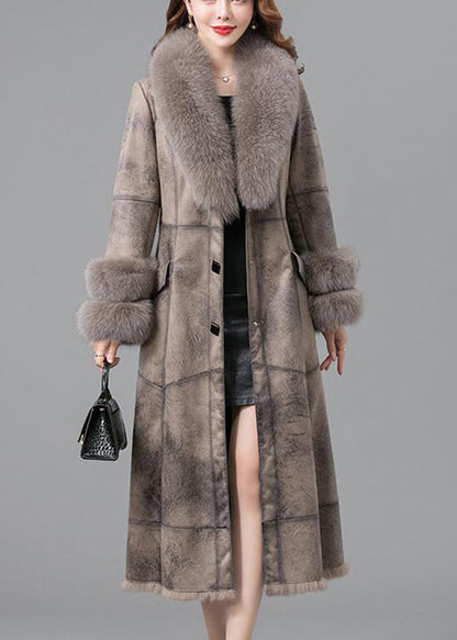 Khaki Fur Collar Thick Faux Rabbit Leather and Fur Winter