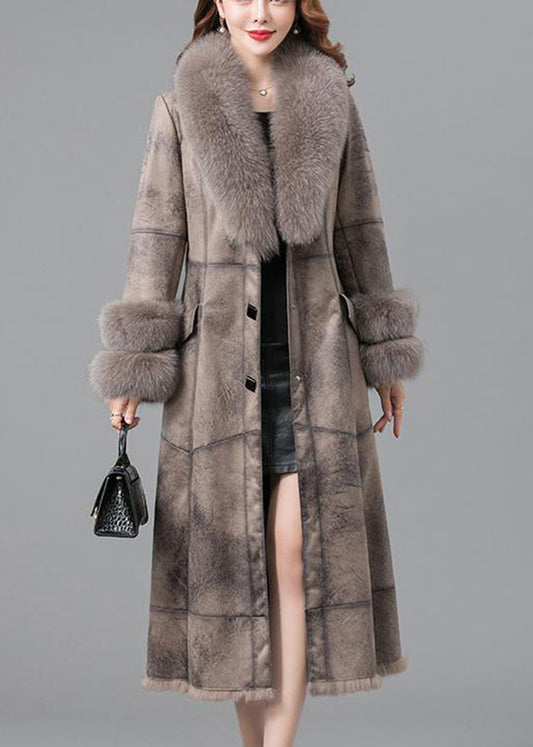 Khaki Fur Collar Thick Faux Rabbit Leather and Fur Winter