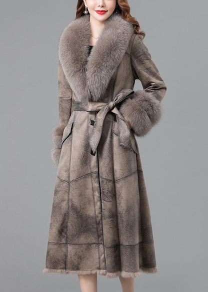 Khaki Fur Collar Thick Faux Rabbit Leather and Fur Winter
