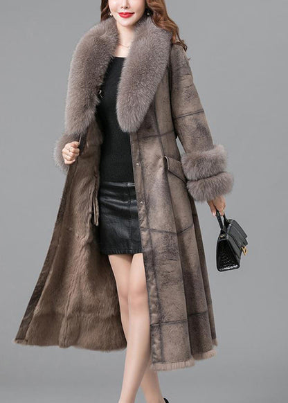 Khaki Fur Collar Thick Faux Rabbit Leather and Fur Winter
