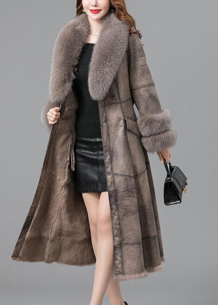 Khaki Fur Collar Thick Faux Rabbit Leather and Fur Winter