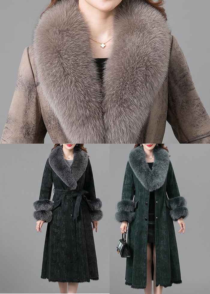 Khaki Fur Collar Thick Faux Rabbit Leather and Fur Winter