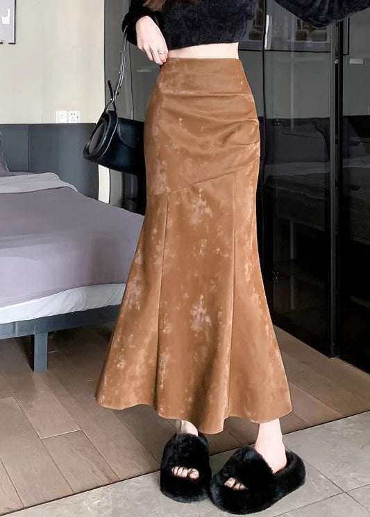 Khaki High Waist Patchwork Silk Velvet Fishtail Skirt Spring