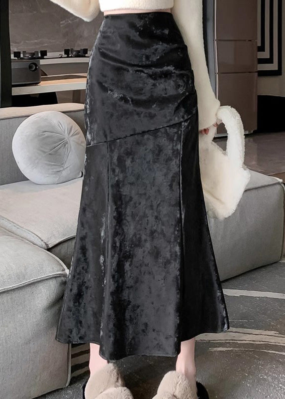 Khaki High Waist Patchwork Silk Velvet Fishtail Skirt Spring