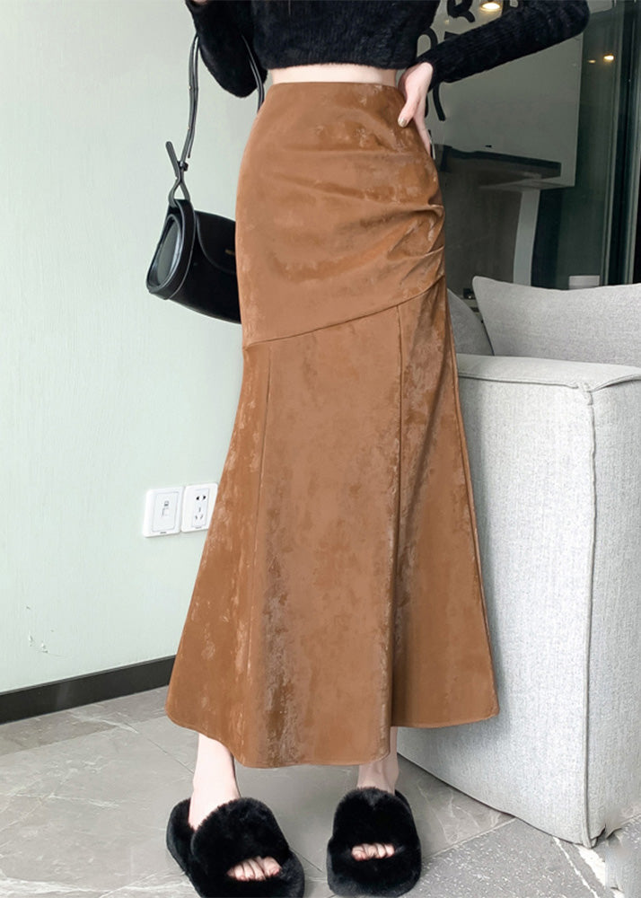 Khaki High Waist Patchwork Silk Velvet Fishtail Skirt Spring