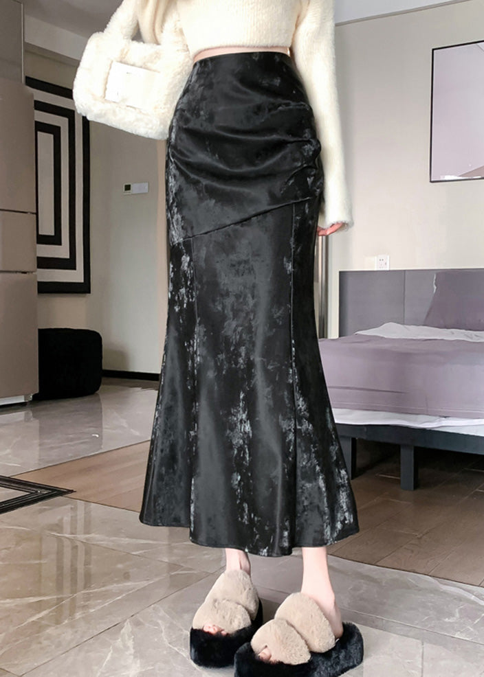 Khaki High Waist Patchwork Silk Velvet Fishtail Skirt Spring
