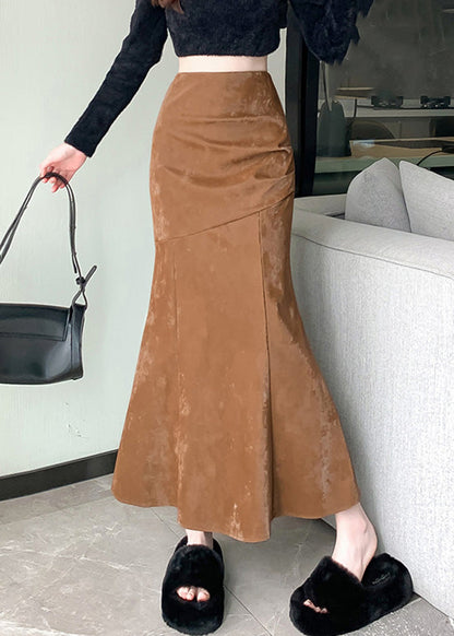 Khaki High Waist Patchwork Silk Velvet Fishtail Skirt Spring