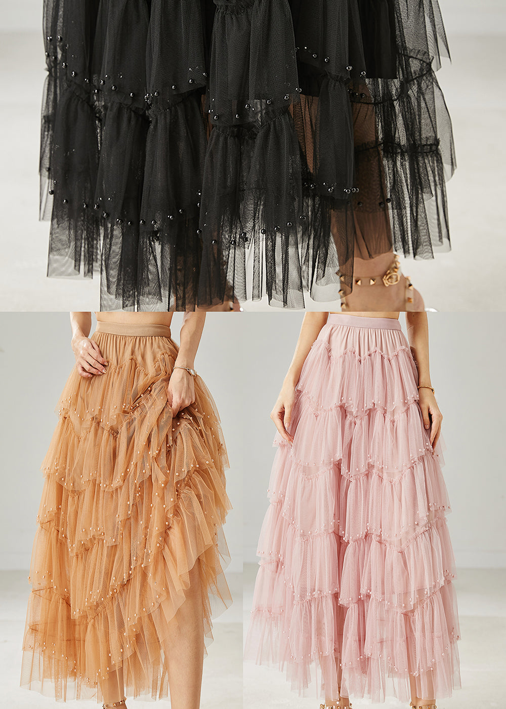 Khaki Nail Bead Tulle Vacation Skirts Summer