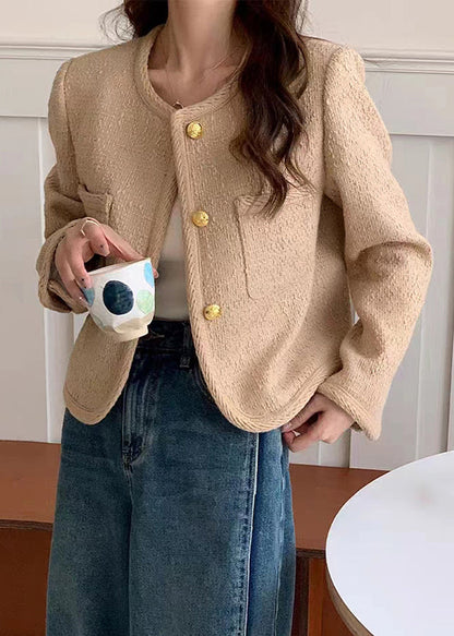 Khaki O Neck Button Patchwork Cotton Coats Fall