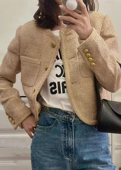 Khaki O Neck Button Patchwork Cotton Coats Fall