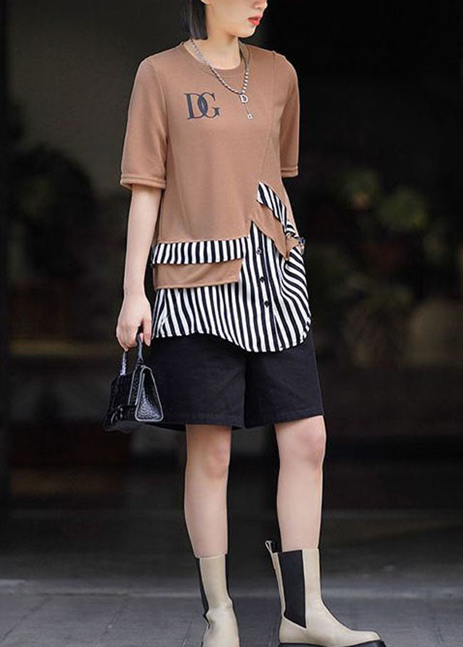 Khaki O Neck Striped Patchwork Cotton T Shirt Summer
