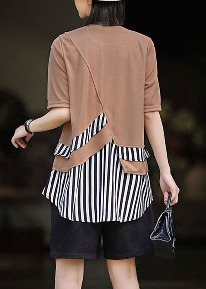 Khaki O Neck Striped Patchwork Cotton T Shirt Summer