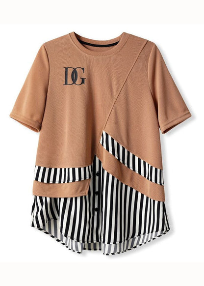 Khaki O Neck Striped Patchwork Cotton T Shirt Summer