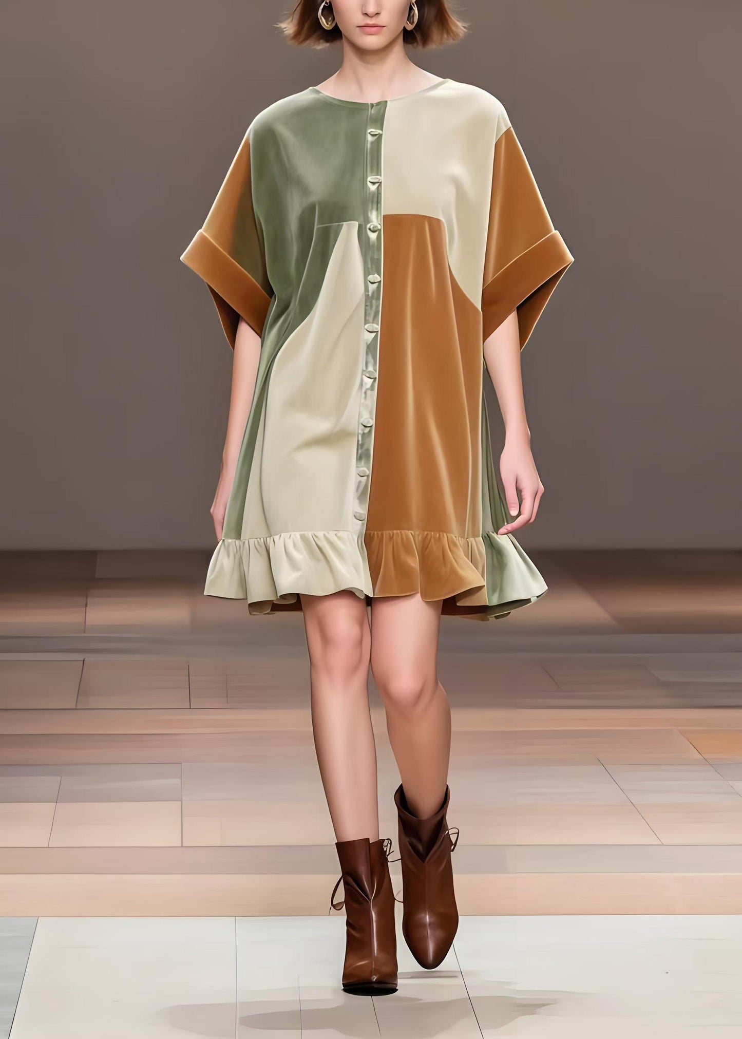 Khaki Oversized Patchwork Silk Velvet Tea Dress Spring