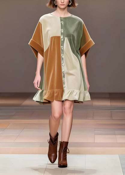 Khaki Oversized Patchwork Silk Velvet Tea Dress Spring