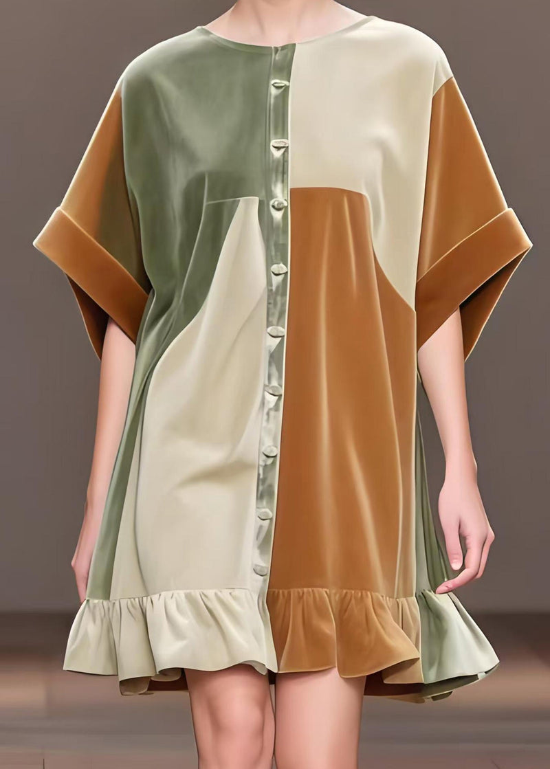Khaki Oversized Patchwork Silk Velvet Tea Dress Spring