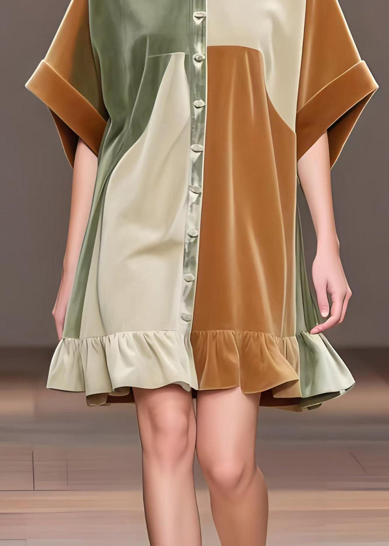 Khaki Oversized Patchwork Silk Velvet Tea Dress Spring