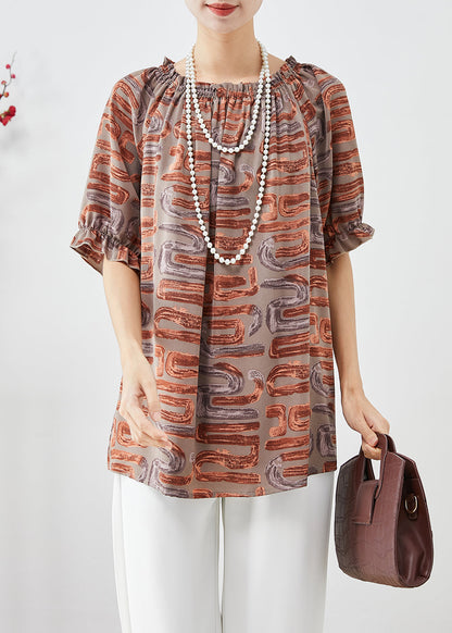 Khaki Oversized Print Chiffon Blouse Tops Summer