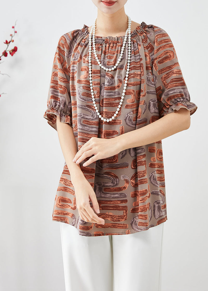 Khaki Oversized Print Chiffon Blouse Tops Summer