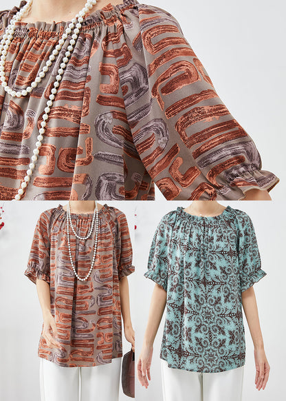 Khaki Oversized Print Chiffon Blouse Tops Summer