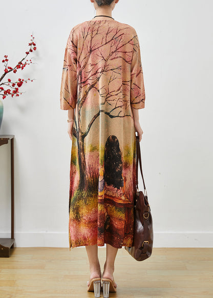 Khaki Oversized Print Knit Long Dresses Fall