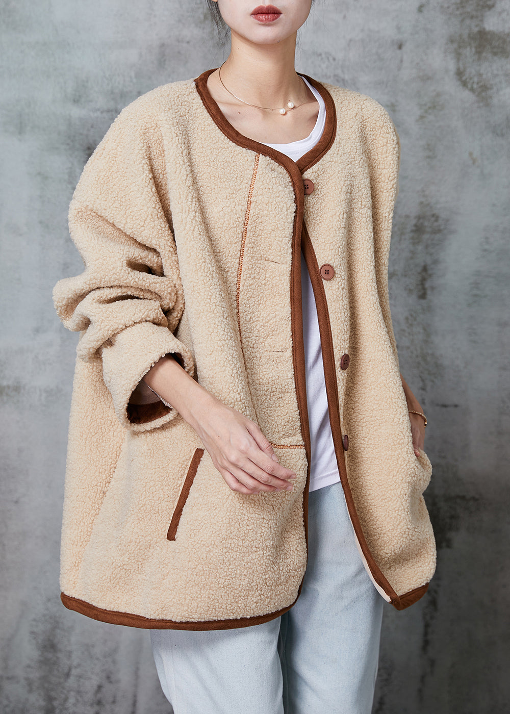 Khaki Oversized Warm Faux Fur Teddy Jackets Winter