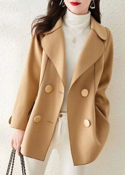Khaki Peter Pan Collar Button Patchwork Woolen Coat Fall