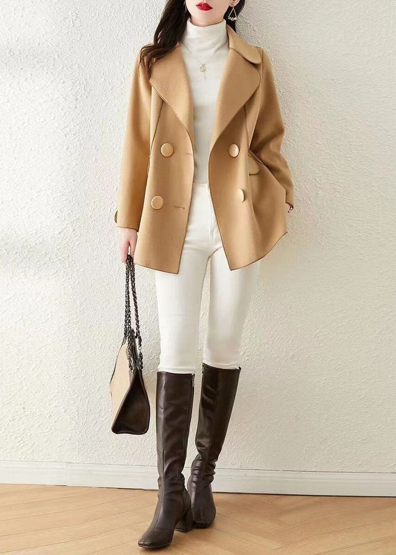 Khaki Peter Pan Collar Button Patchwork Woolen Coat Fall