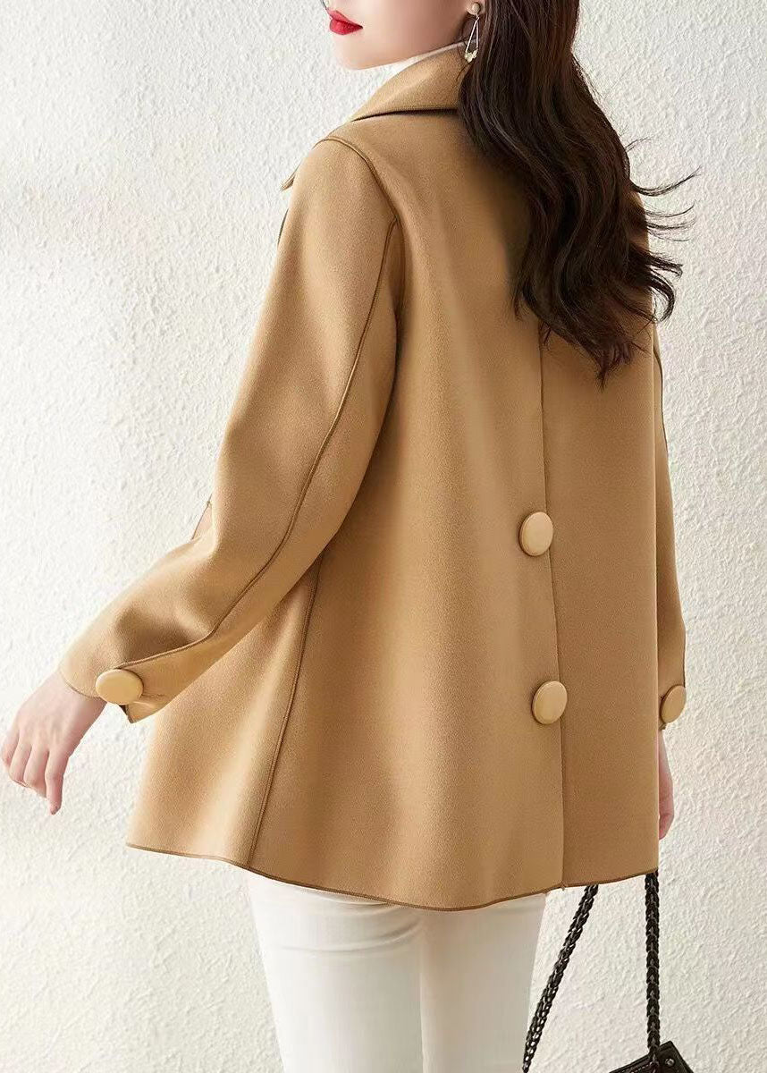Khaki Peter Pan Collar Button Patchwork Woolen Coat Fall